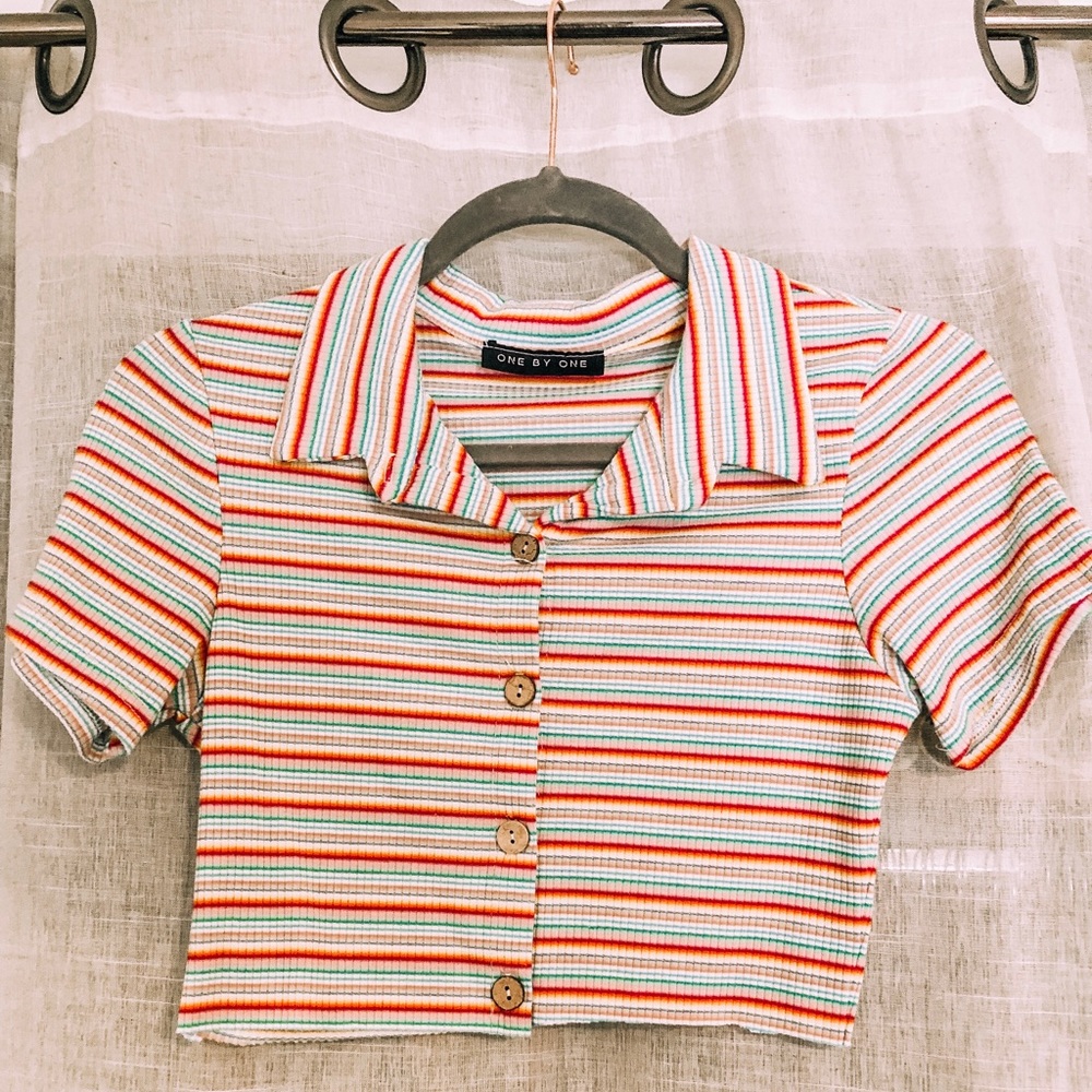 Cropped Rainbow Button Up Top 🌈